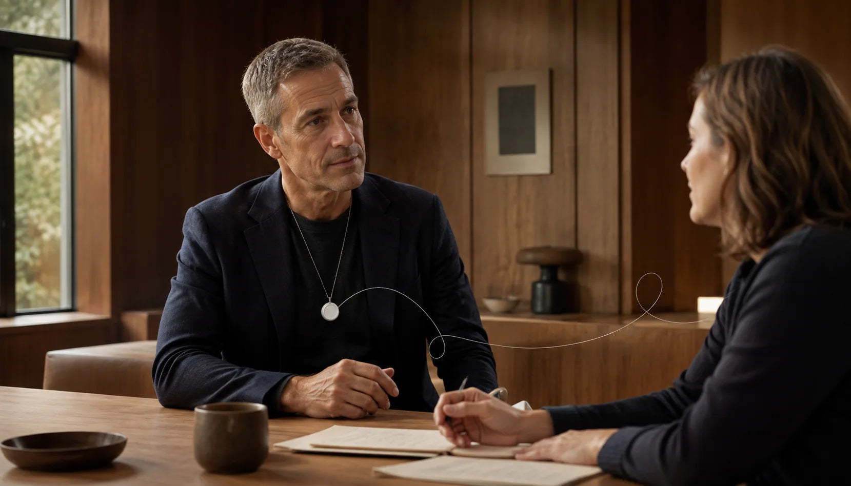 Two people discussing a project, with ACTRA worn as a pendant
